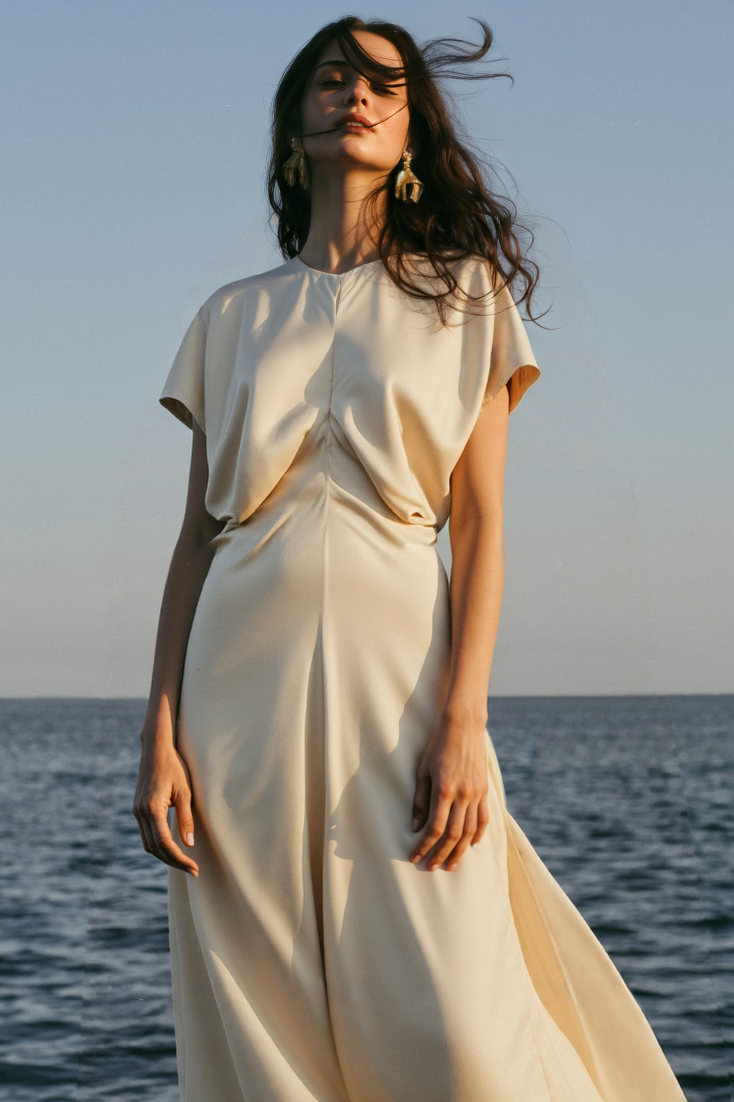 Monica satin midi dress in beige with fluid drapes.