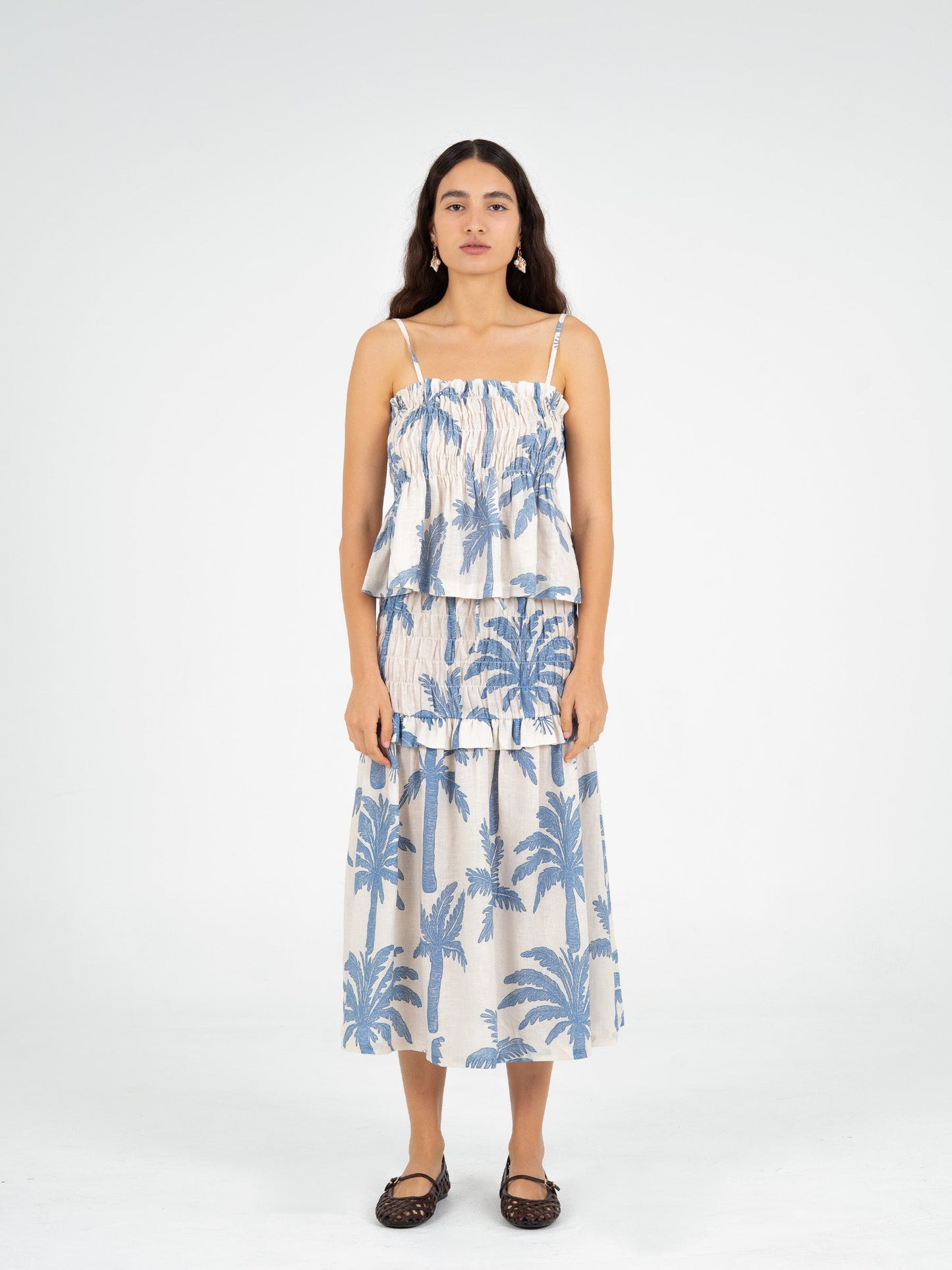 Elios Palm-Printed Smocked Linen Midi Skirt