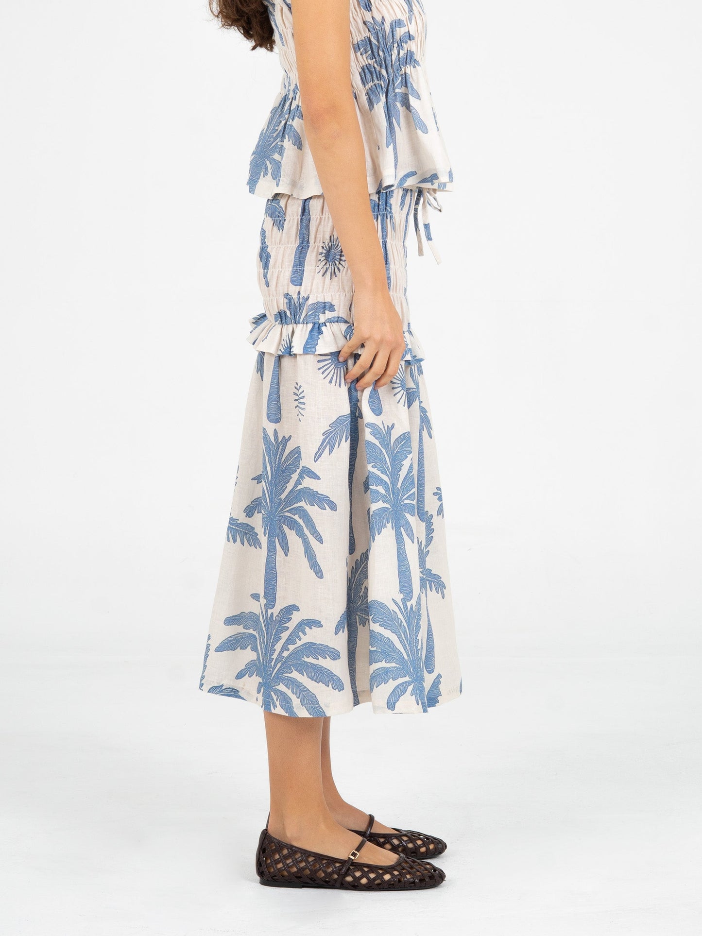 Elios Palm-Printed Smocked Linen Midi Skirt