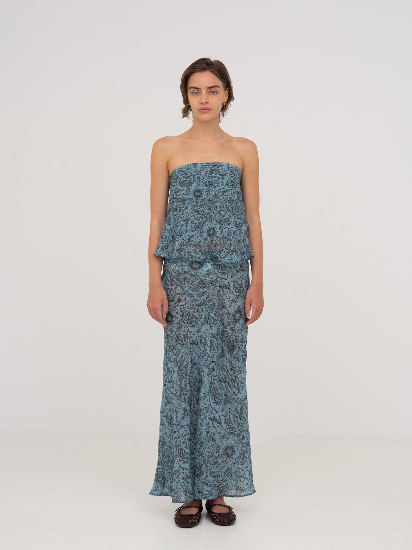 Blue Peony System-Printed Skirt