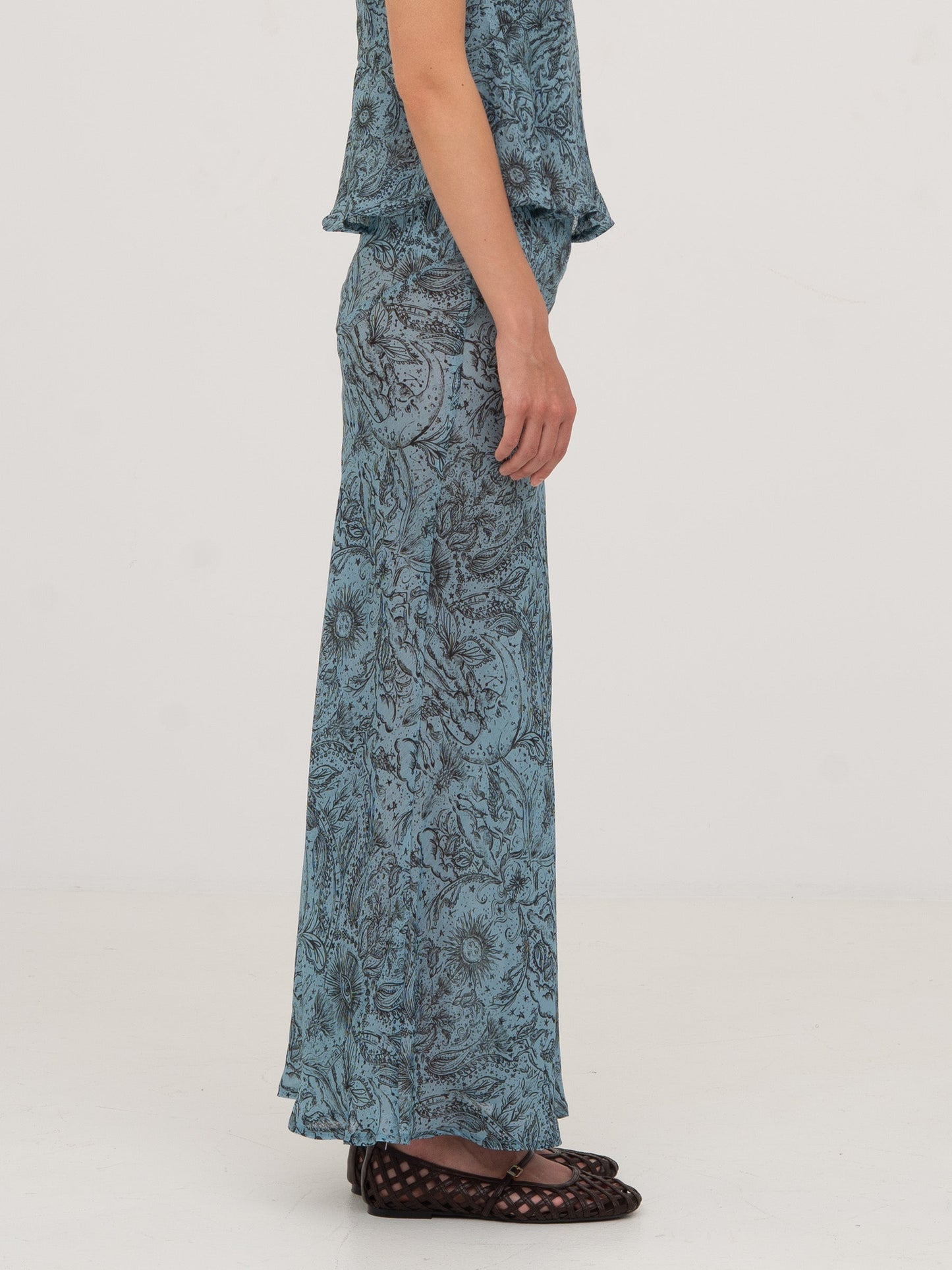 Blue Peony System-Printed Skirt