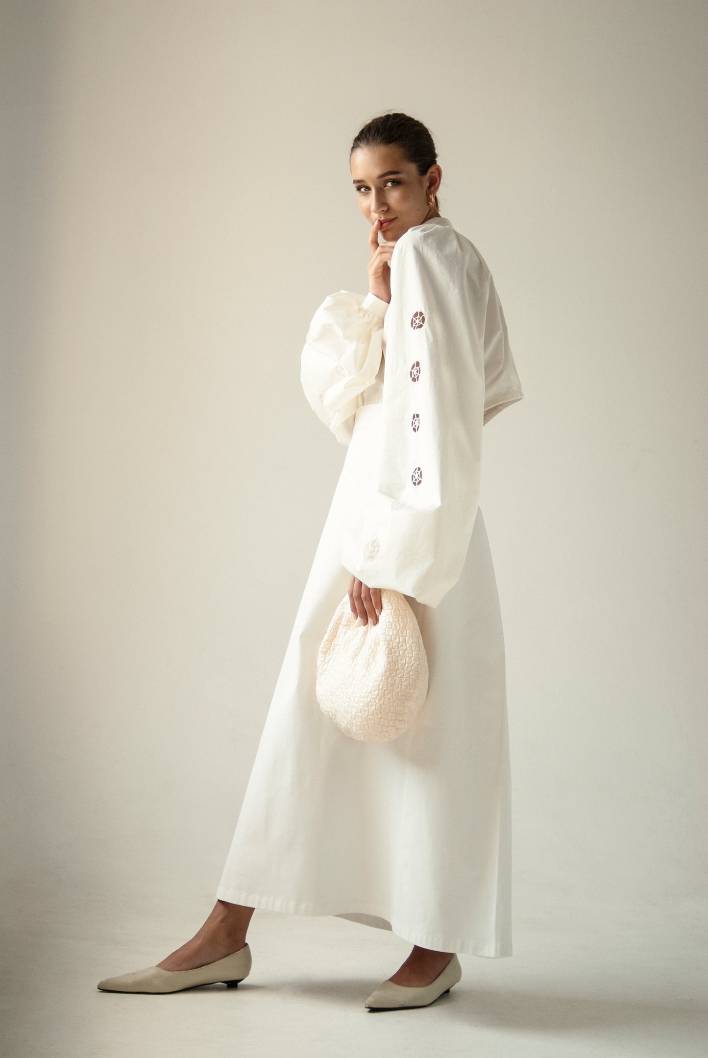 Wooden Buttons White Skirt