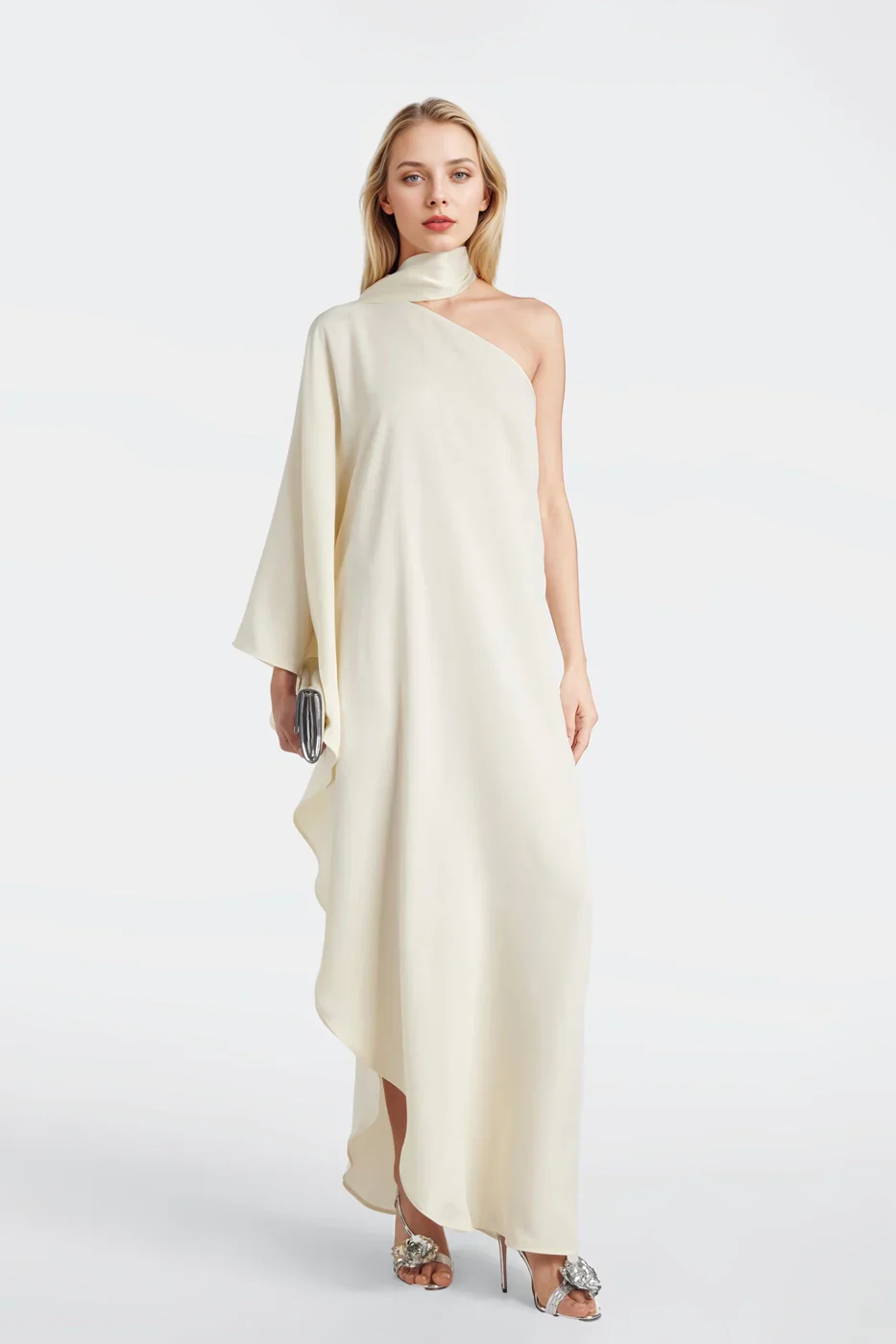 Zoey Crepe Cady Gown in cream with a flared design and elegant one-shoulder neckline.