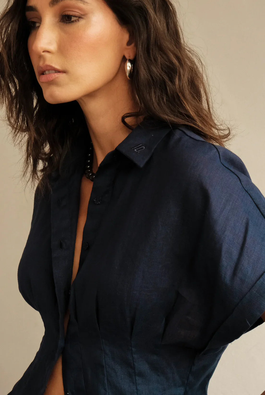 Akito Waisted Linen Top | Midnight Blue