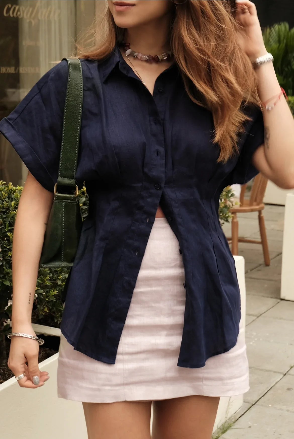 Akito Waisted Linen Top | Midnight Blue