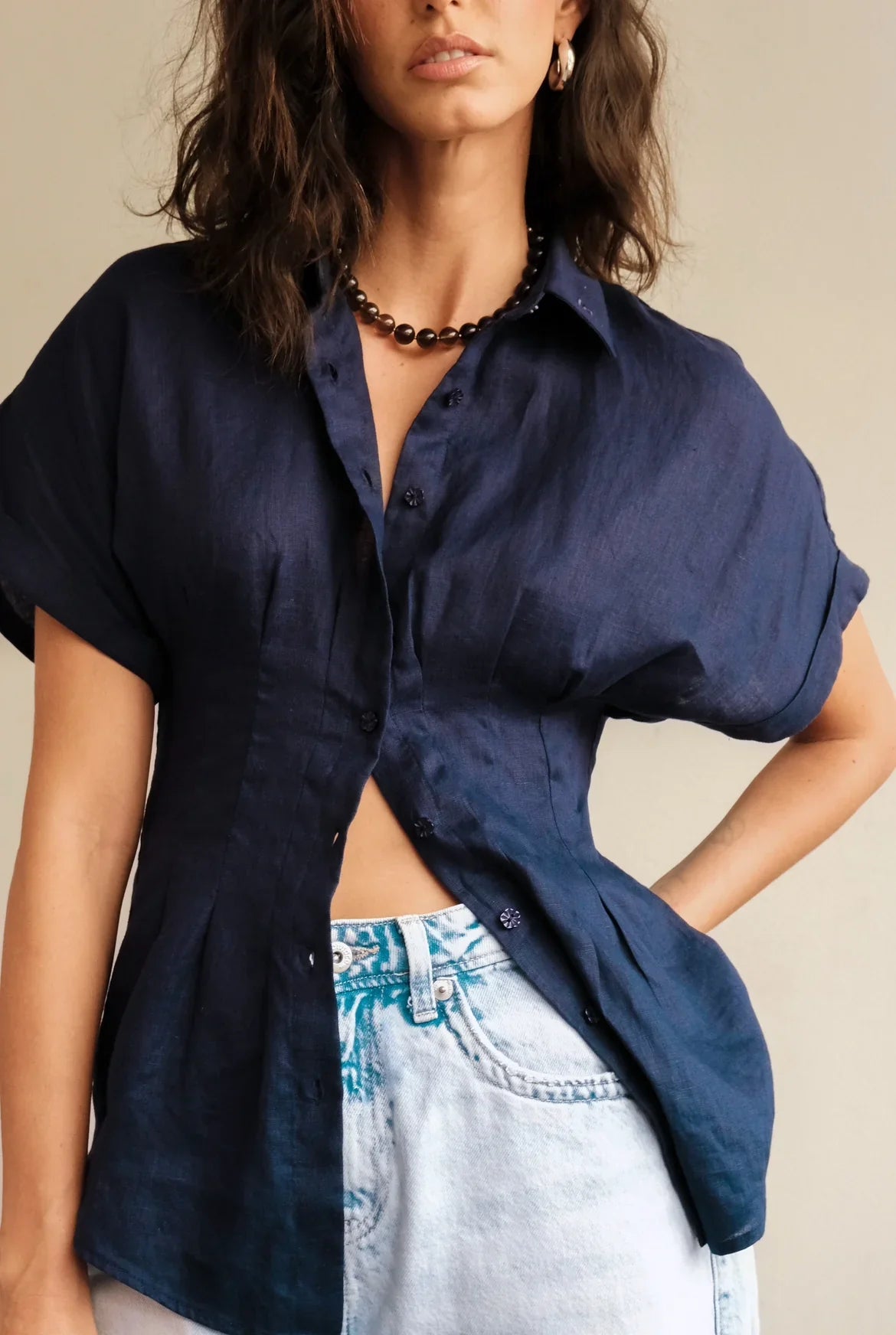 Akito Waisted Linen Top | Midnight Blue