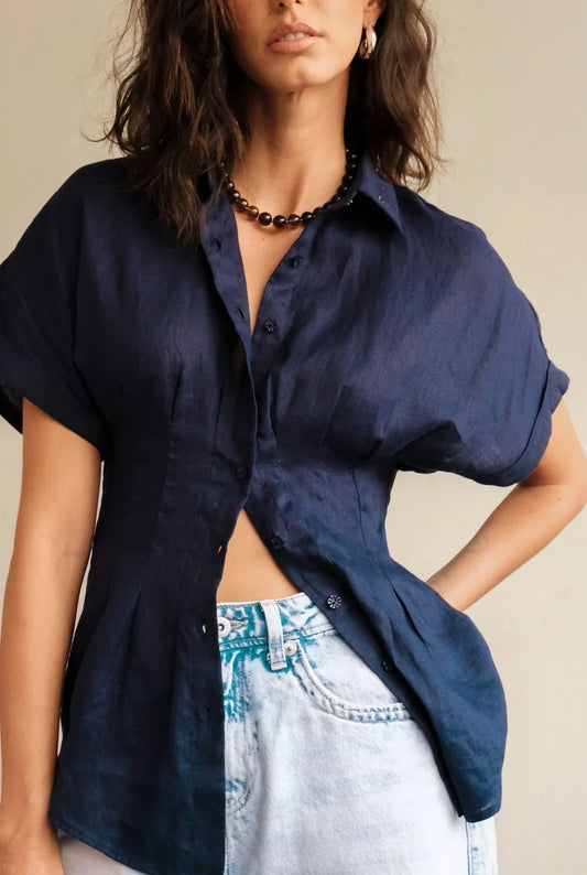 Akito Waisted Linen Top | Midnight Blue