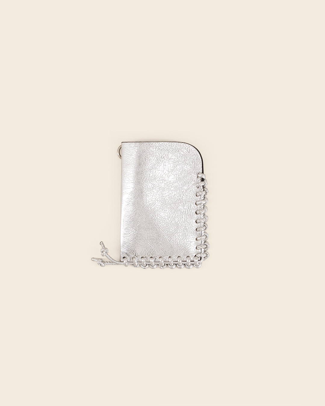 KIBO - Card holder in crumpled silver metallic leather & silver leather braiding