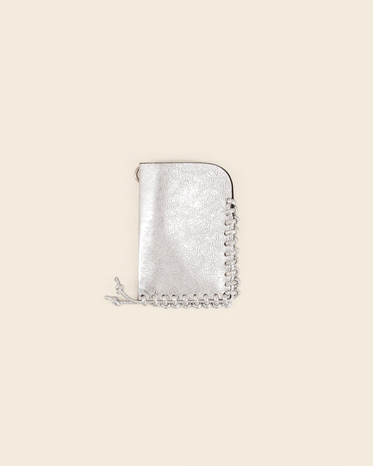 KIBO - Card holder in crumpled silver metallic leather & silver leather braiding