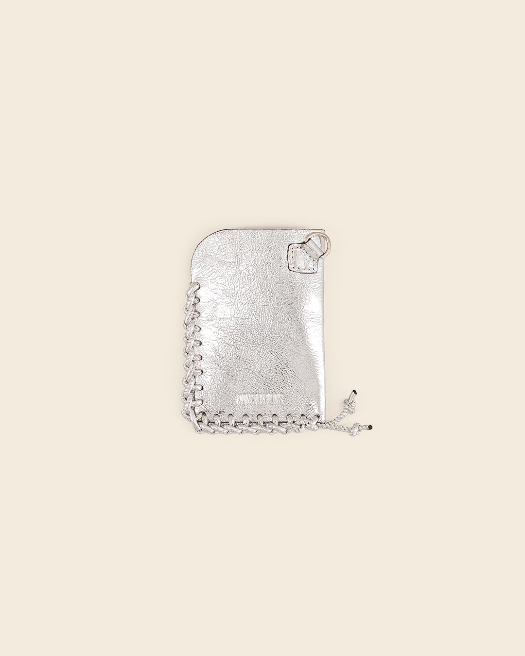 KIBO - Card holder in crumpled silver metallic leather & silver leather braiding