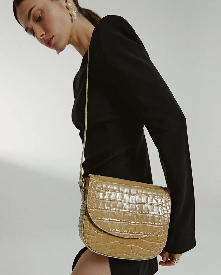 Beige Coconut Embossed Leather Flap Crossbody Bag