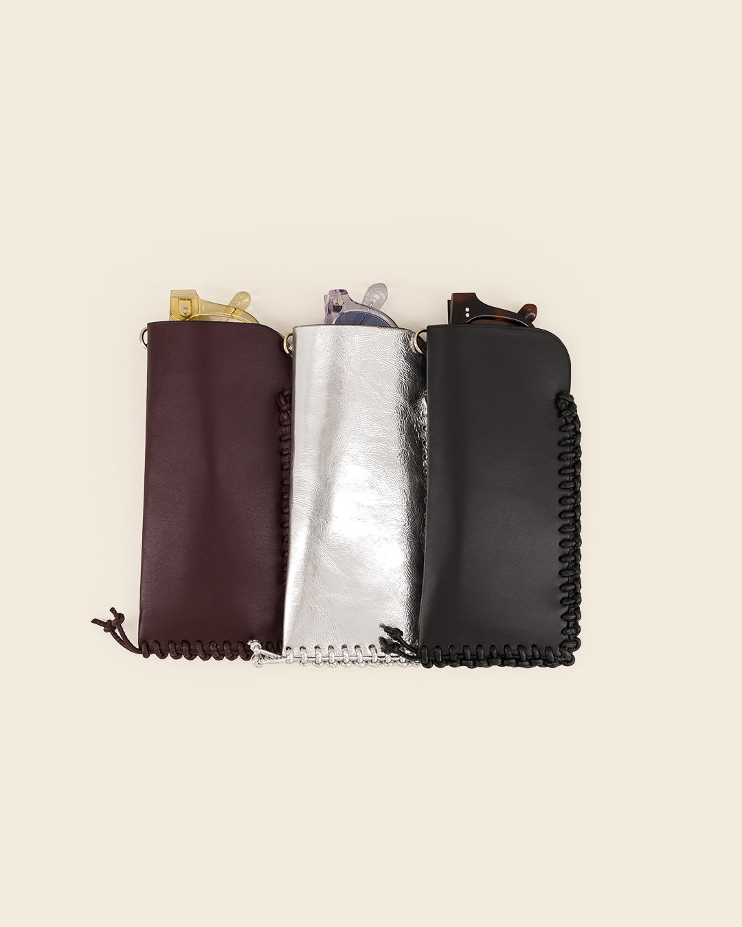 MAKALU - Bordeaux leather glasses case & burgundy leather braiding