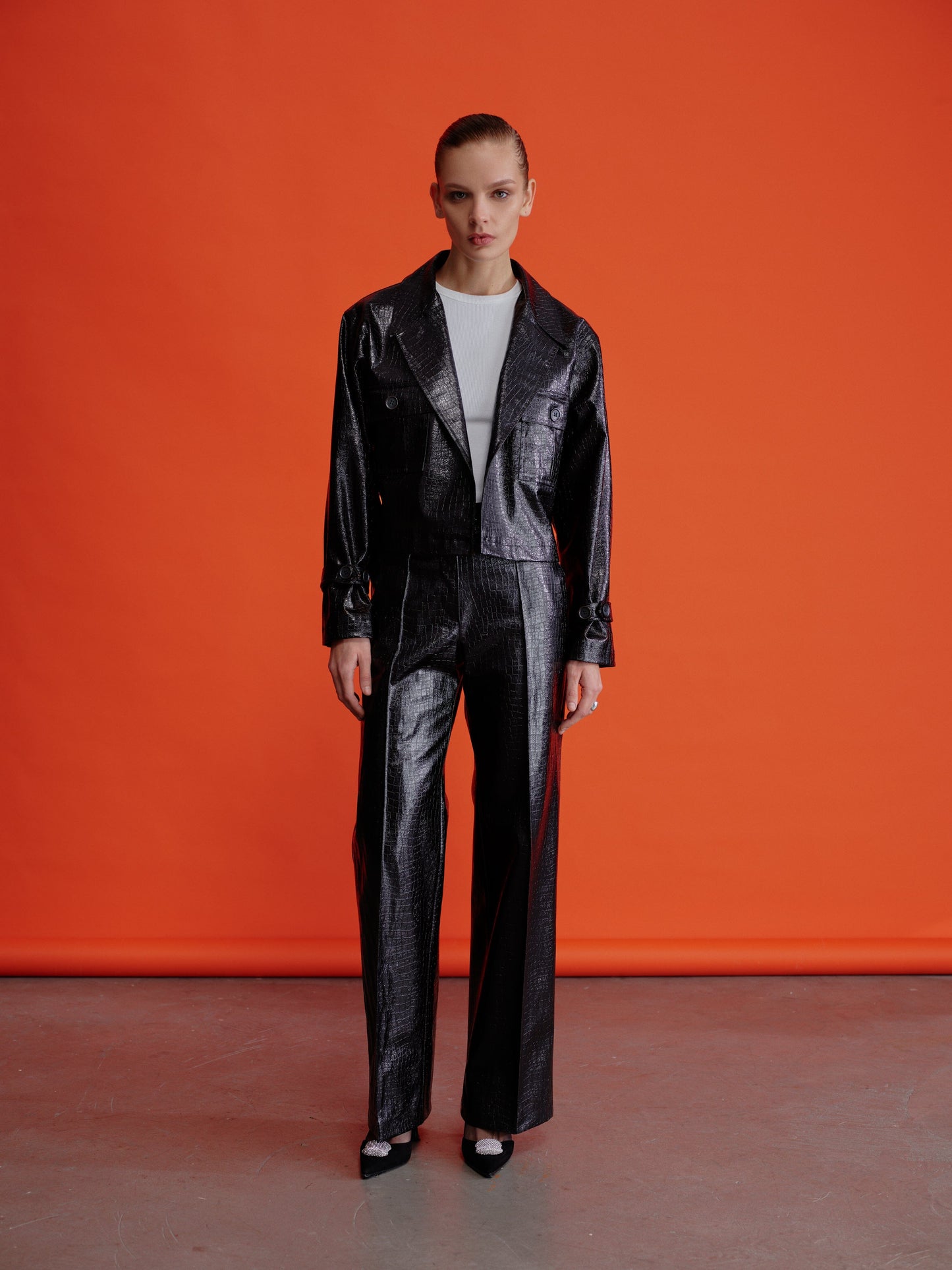 Abby Straight Cut Croc-Effect Trousers Pants Nazli Ceren