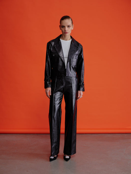 Abby Straight Cut Croc-Effect Trousers Pants Nazli Ceren