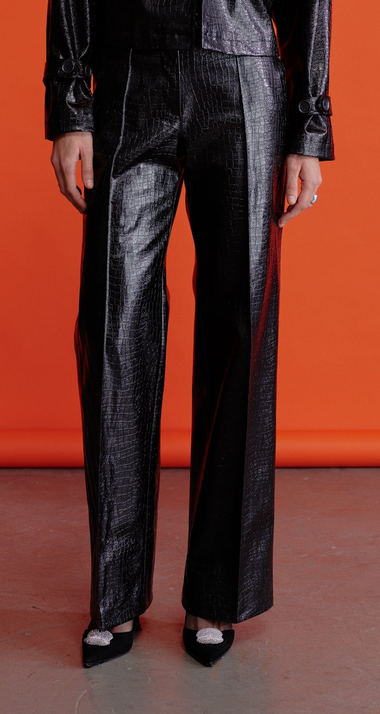 Abby Straight Cut Croc-Effect Trousers Pants Nazli Ceren
