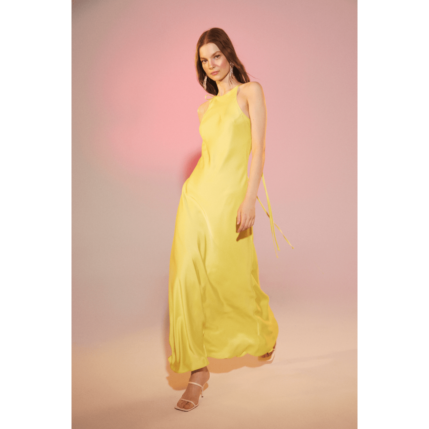 Addie Satin Long Dress in Lime Light Dresses Nazli Ceren