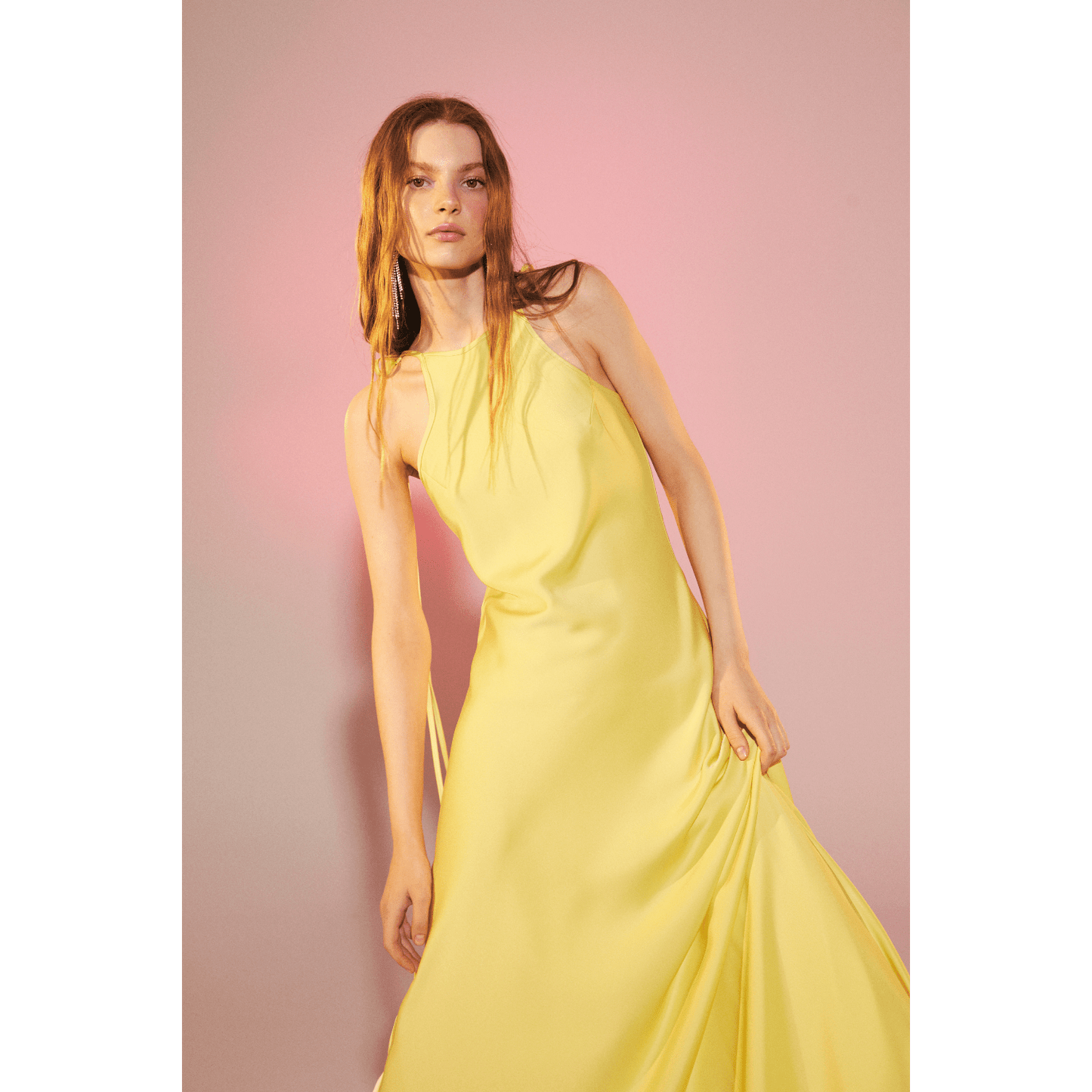 Addie Satin Long Dress in Lime Light Dresses Nazli Ceren