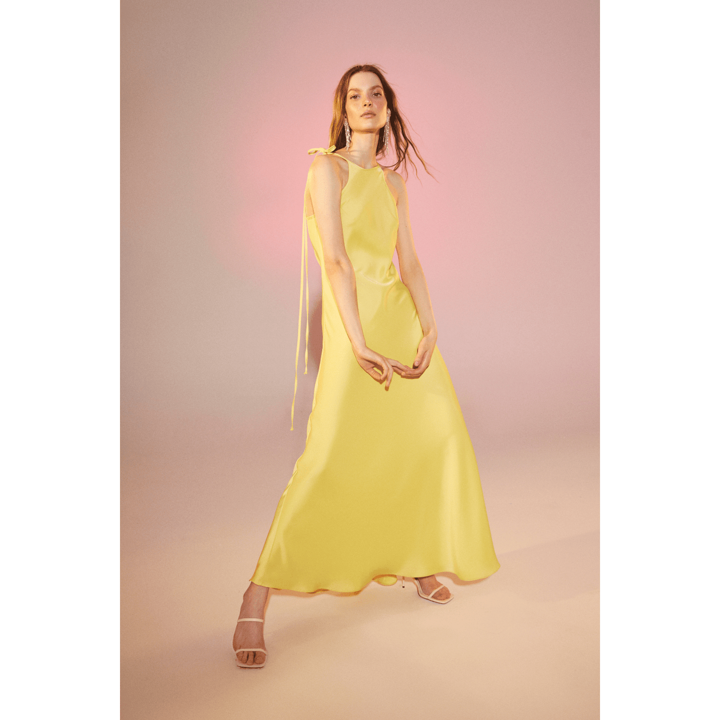 Addie Satin Long Dress in Lime Light Dresses Nazli Ceren
