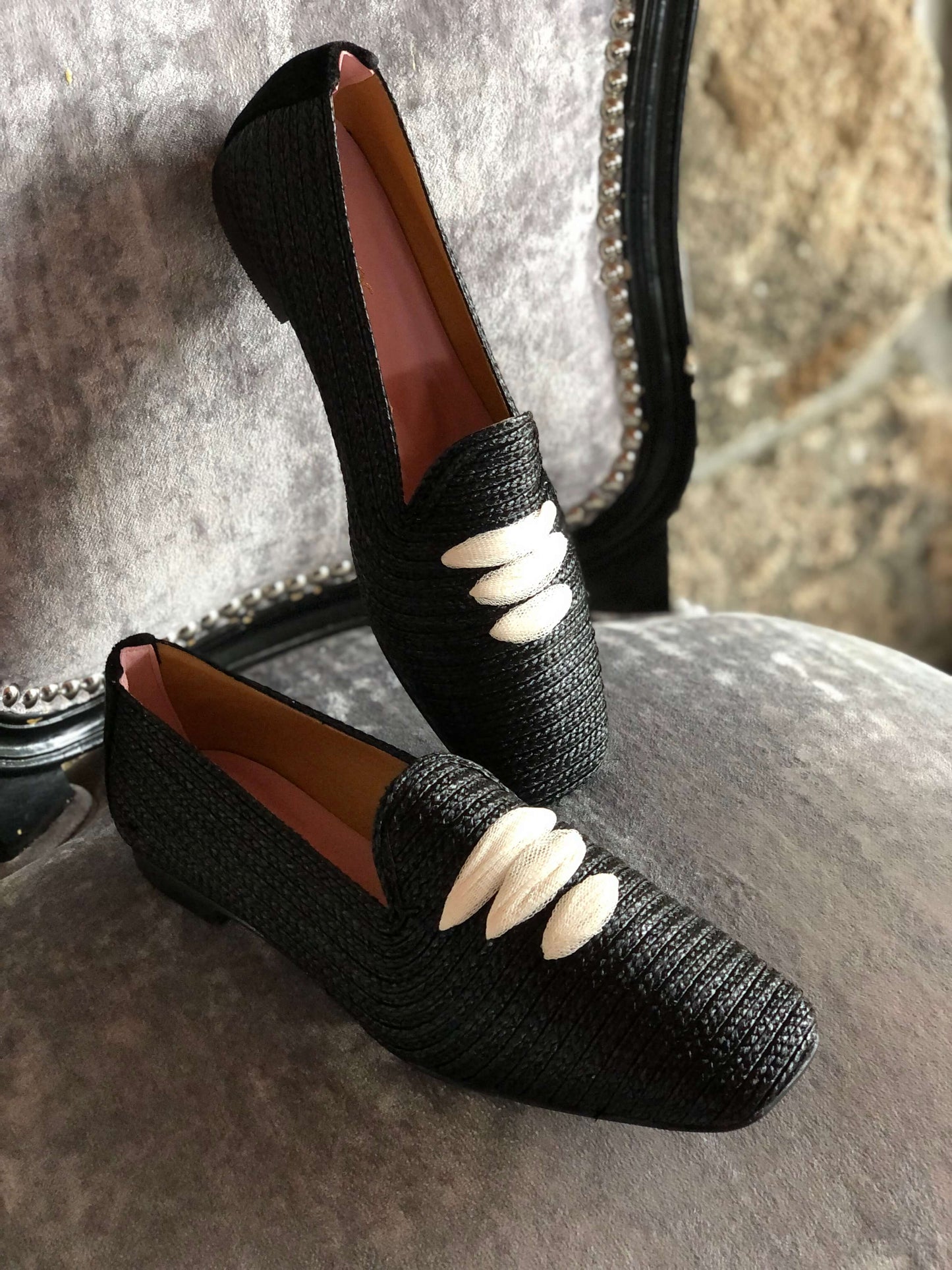 Black Casablanca Raffia Moccasin Sandals Momoc Shoes