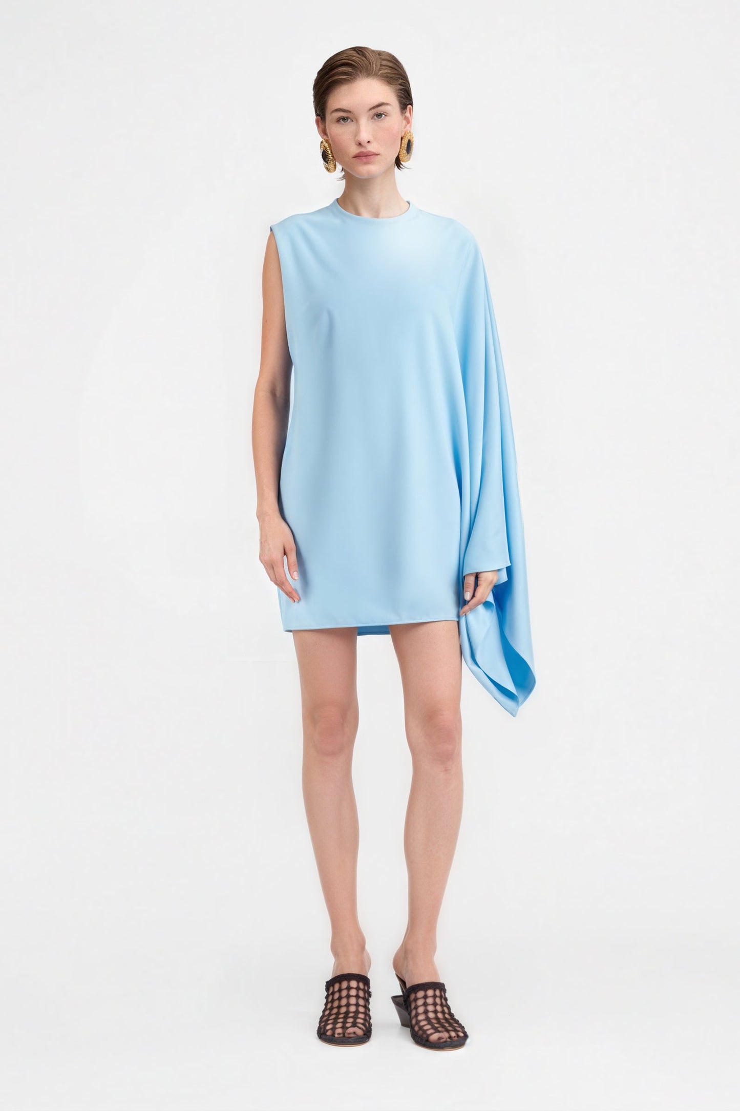 Lightweight blue crepe mini dress with fluid drape