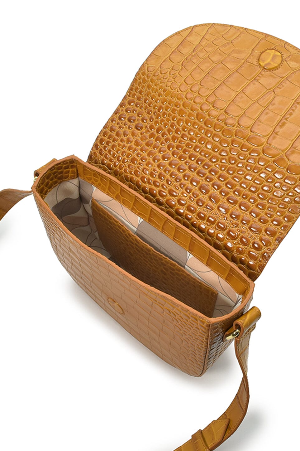 Camel coconut engraved leather flap crossbody bag Crossbody Bags Leandra