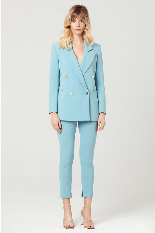 Light blue Lenon jacket with gold buttons and flared fit.