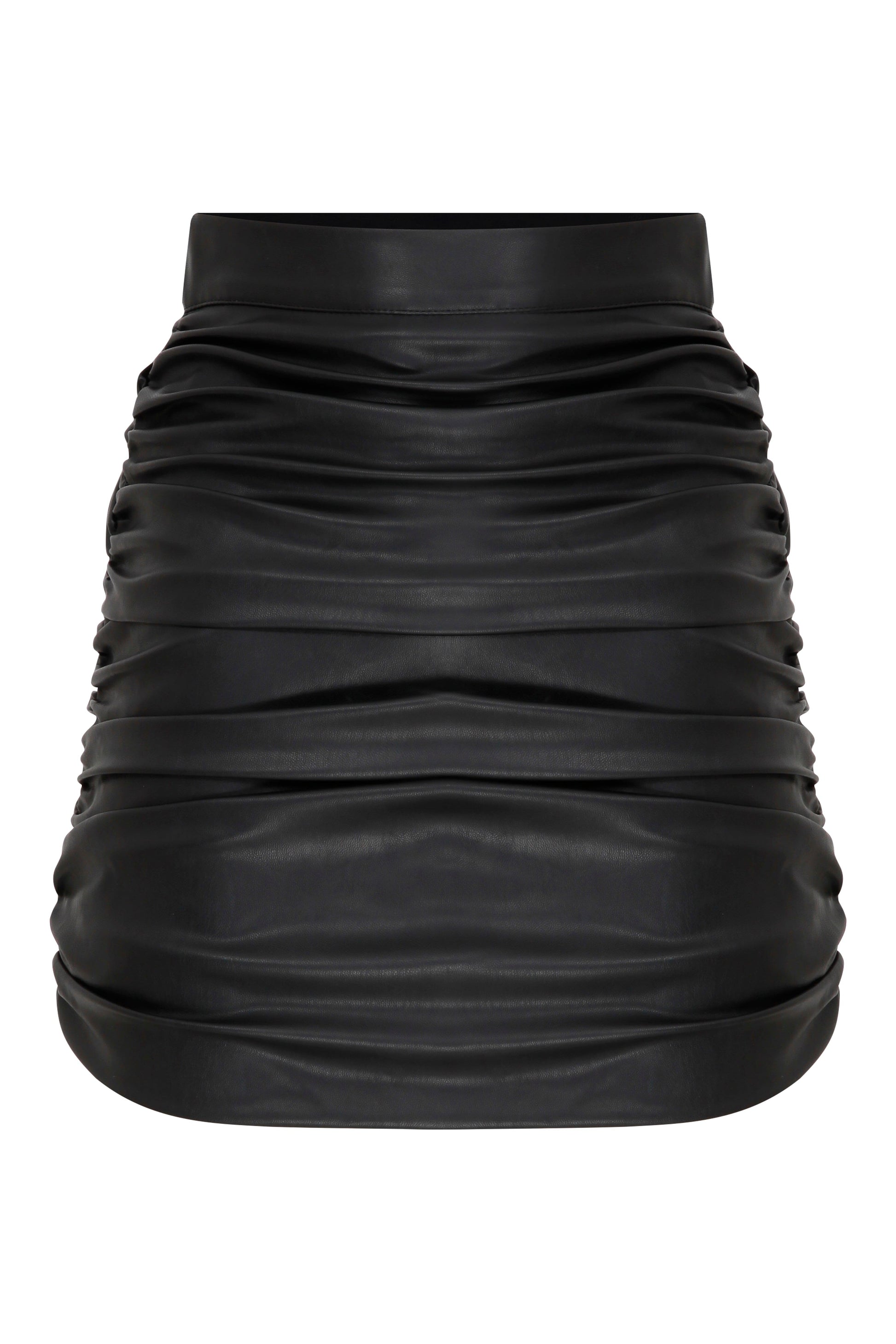 Chels Ruched Vegan Leather Mini Skirt in Black Nazli Ceren