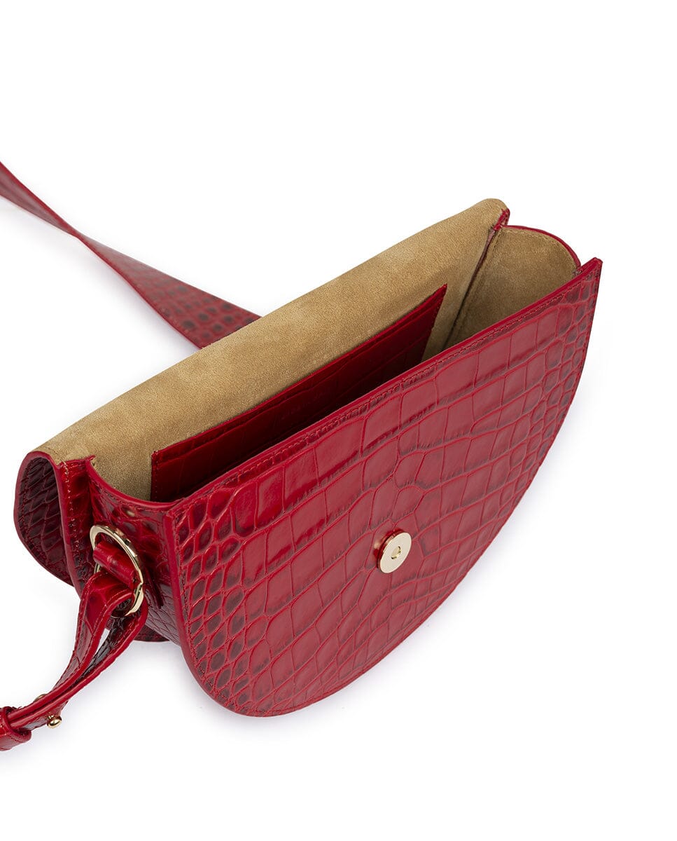 Crocodile print Leather saddle bag - Red Leather Leandra