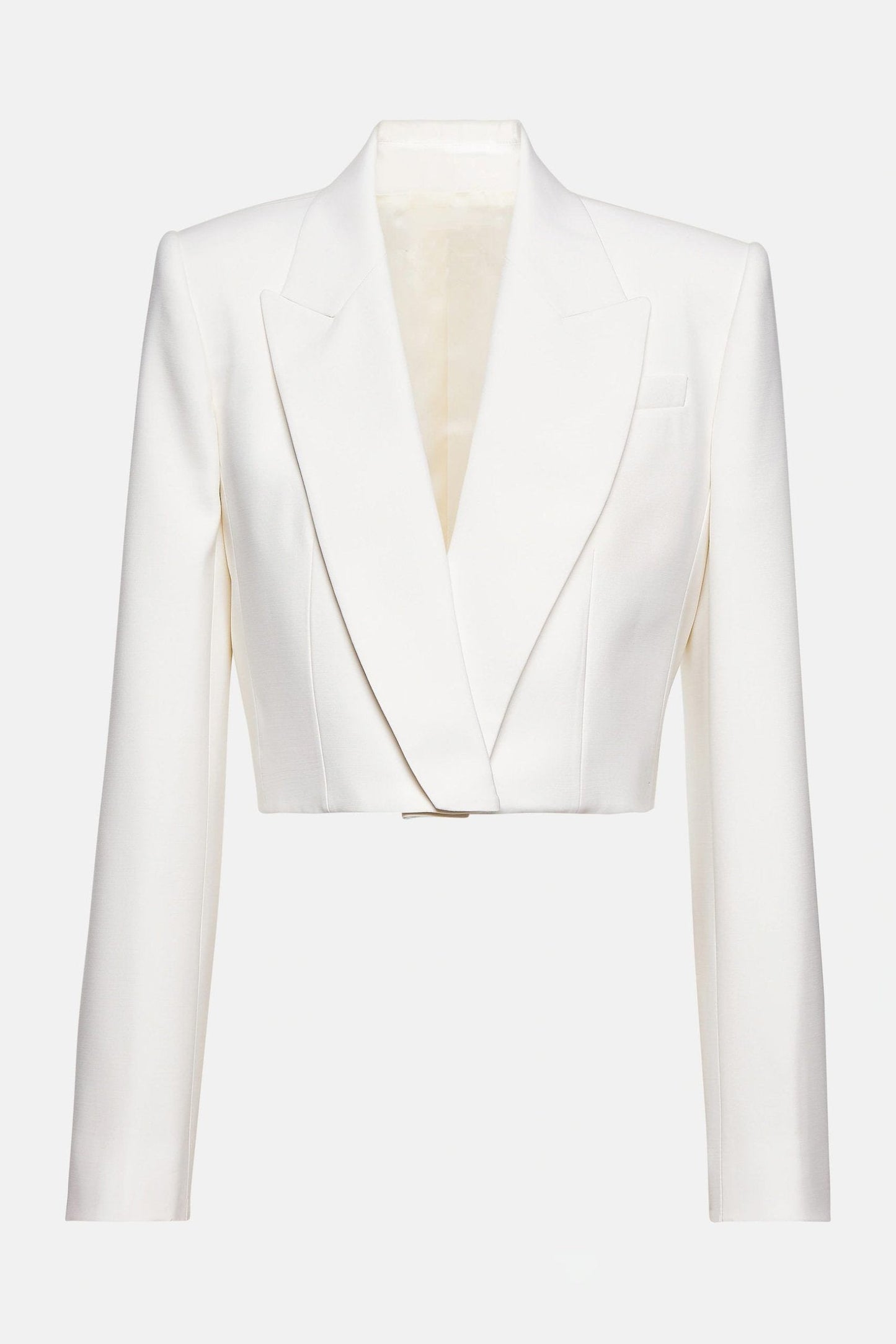 Elegant cropped white wool blazer with tailored fit.