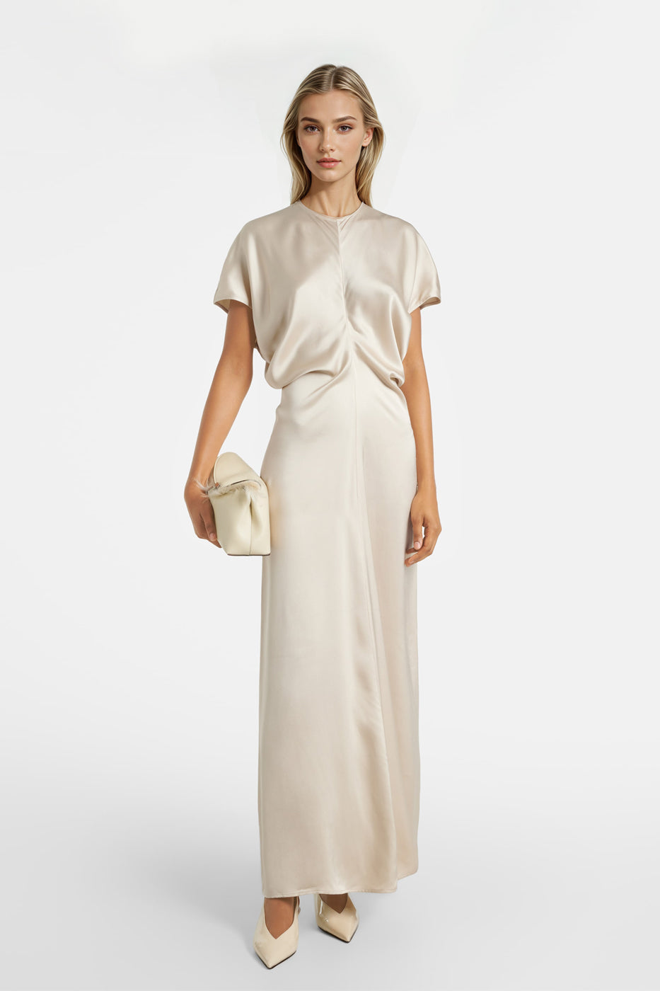 Monica satin midi dress in beige with fluid drapes.