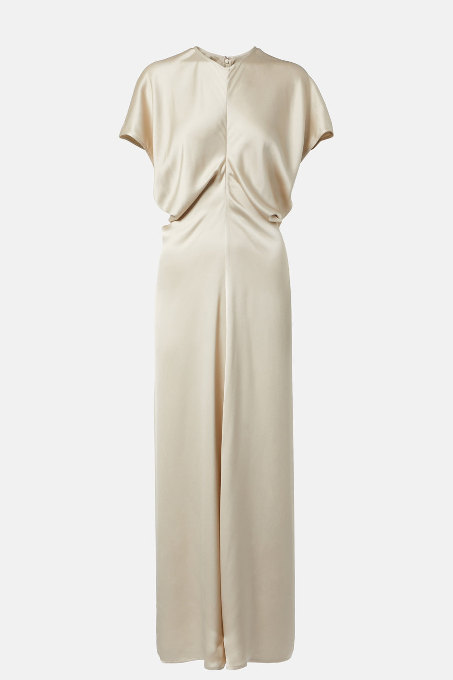 Monica satin midi dress in beige with fluid drapes.