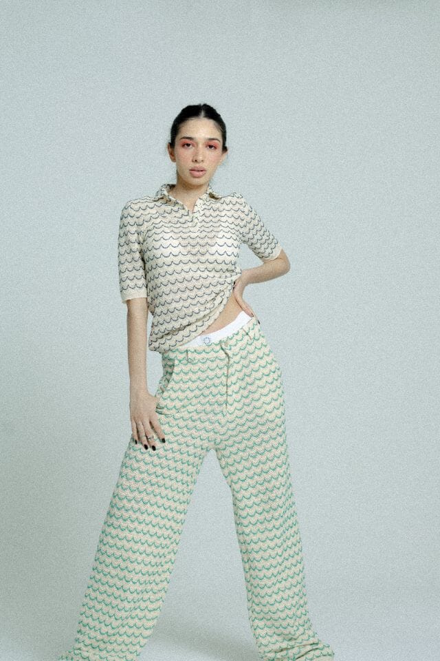 Light Weight Cotton Knit Long Wide Trousers Green Trousers Women Relax Baby Be Cool
