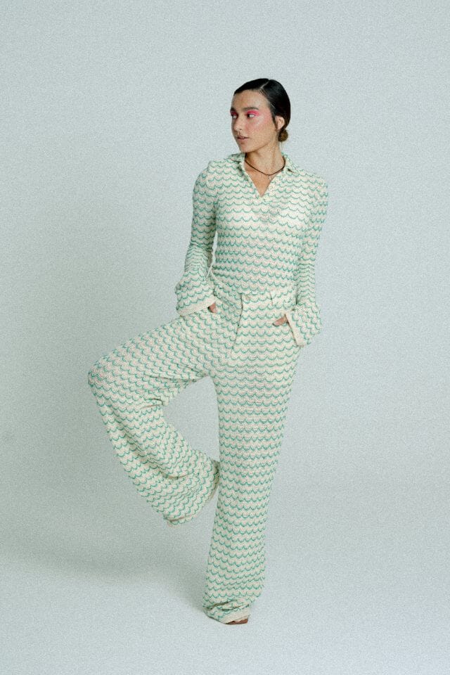 Light Weight Cotton Knit Long Wide Trousers Green Trousers Women Relax Baby Be Cool