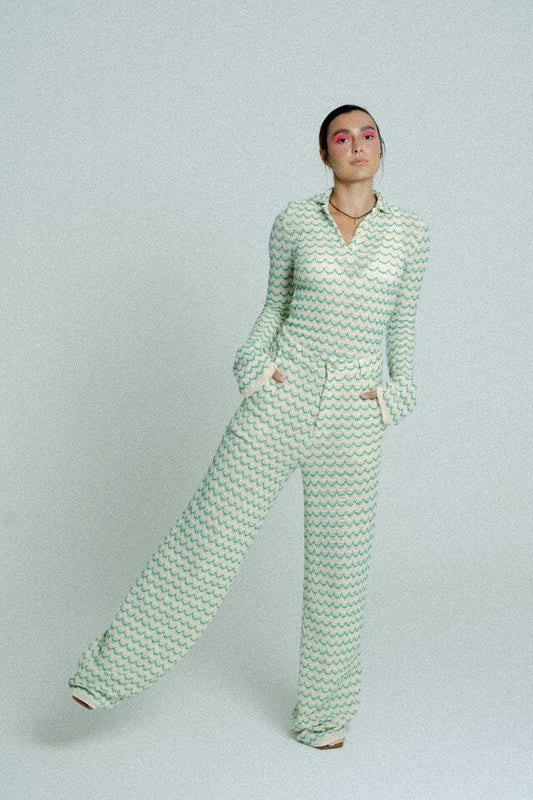 Light Weight Cotton Knit Long Wide Trousers Green Trousers Women Relax Baby Be Cool