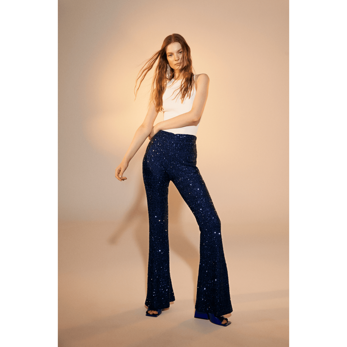 Maisy Sequin Flared Trousers in Midnight Blue Pants Nazli Ceren
