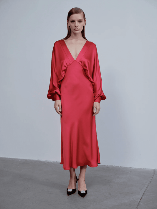 Mila V Neck Satin Dress in Red Nazli Ceren