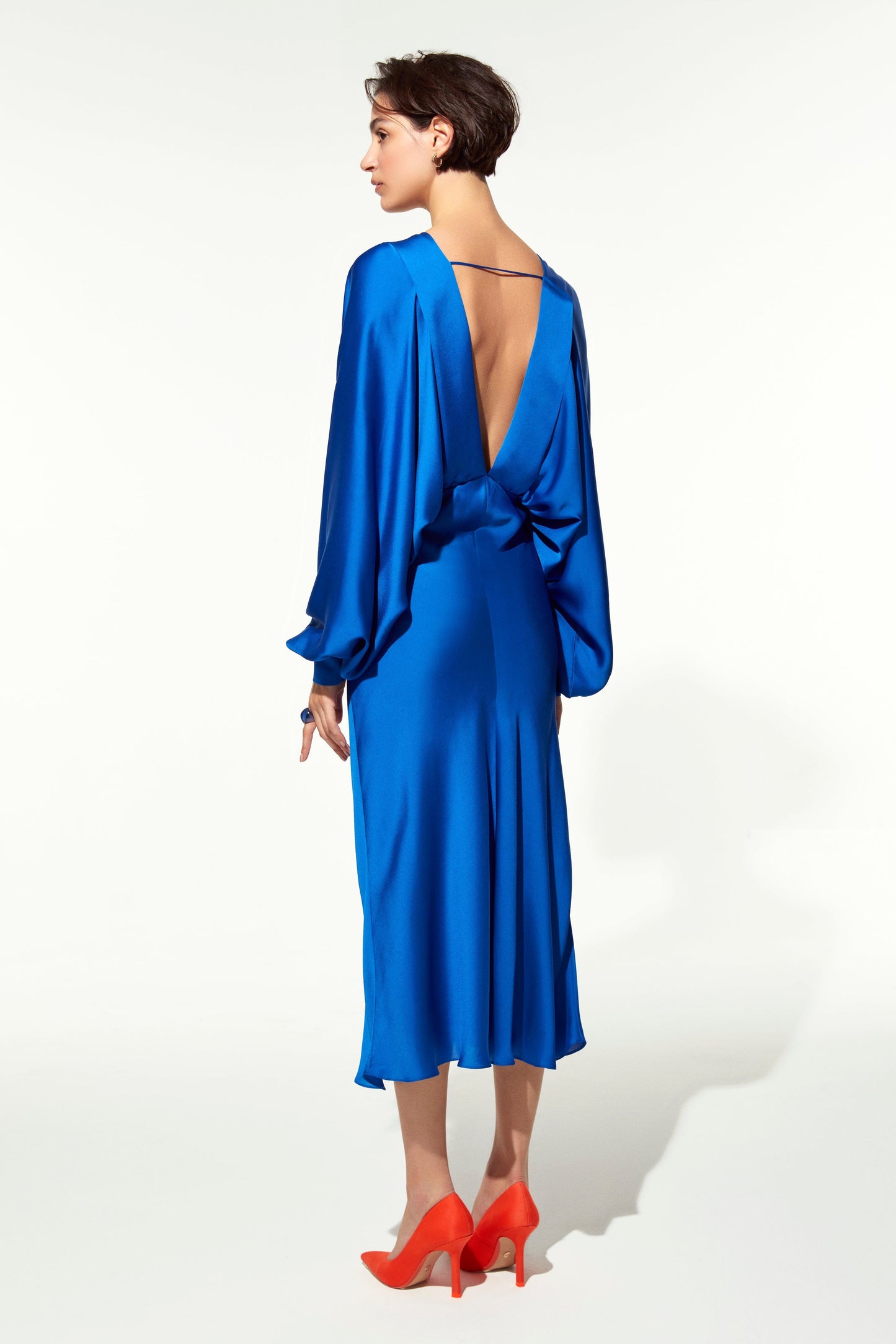 Mila V neck Satin Dress in Sax Dresses Nazli Ceren
