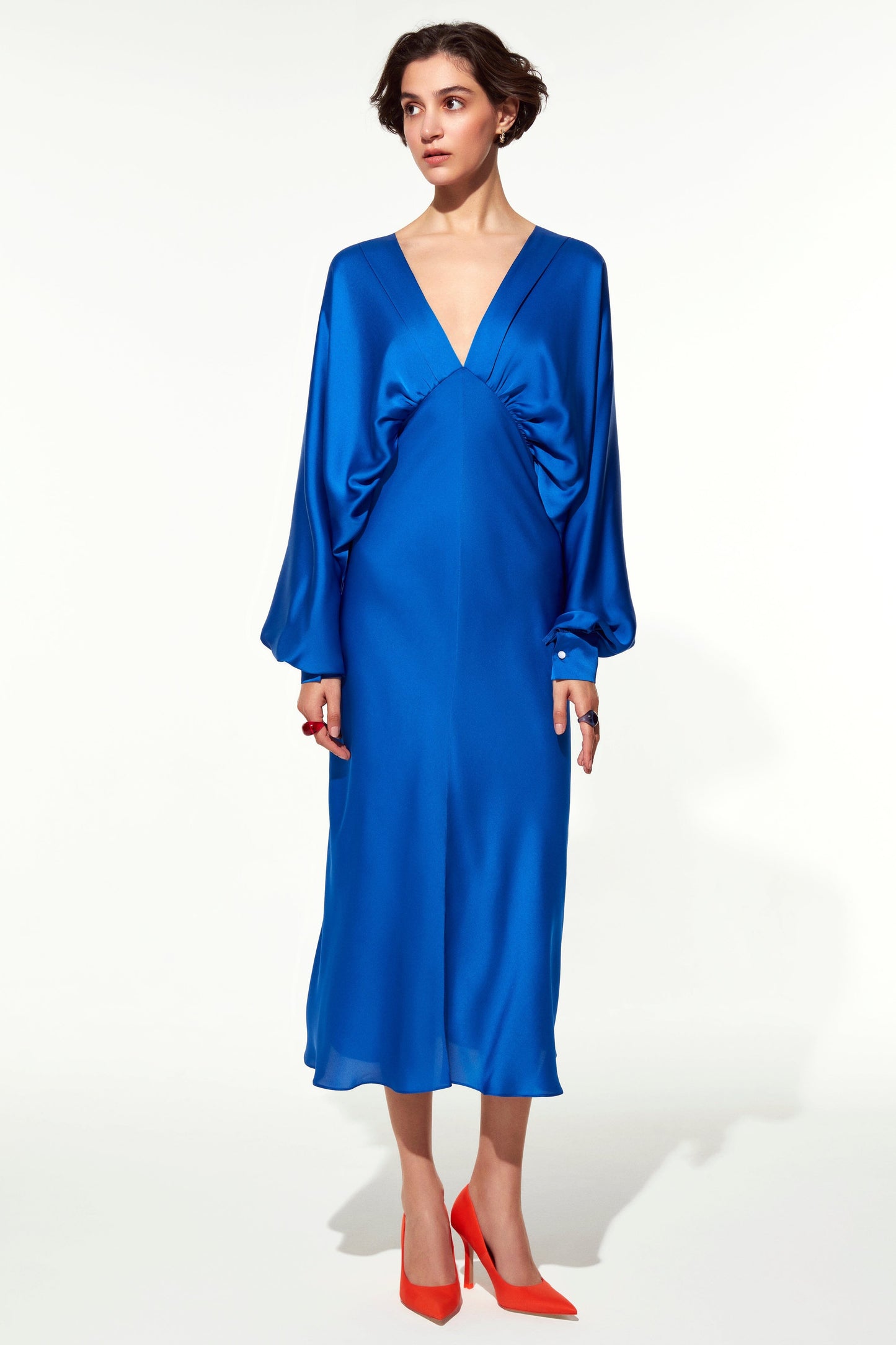 Mila V neck Satin Dress in Sax Dresses Nazli Ceren