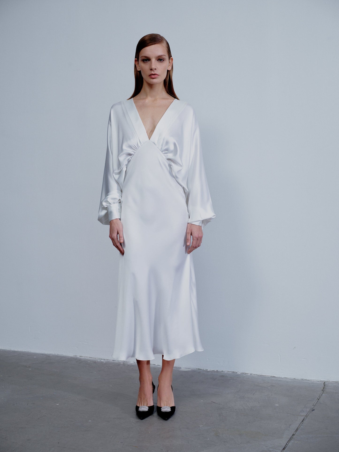 Mila V neck Satin Dress in White Nazli Ceren