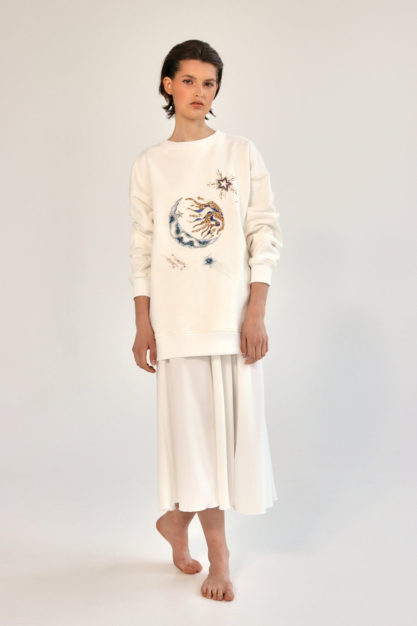 White Sweatshirt Universe with handmade embroidery