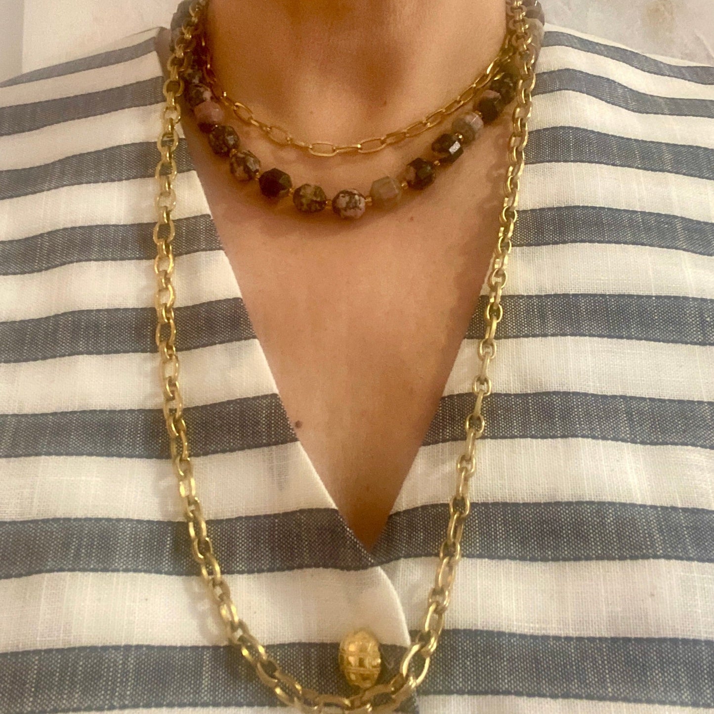 Square Marble Rhodonite Necklace