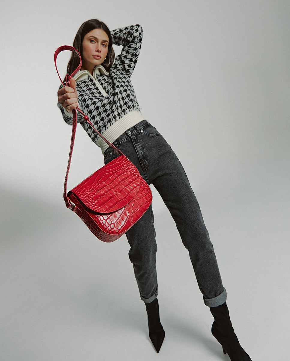 Leandra Red Coconut Embossed Leather Flap Crossbody Bag