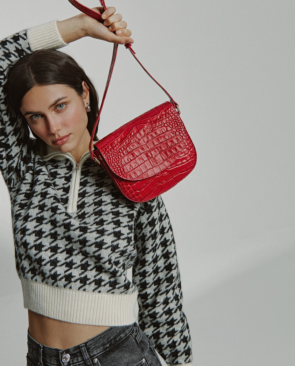 Leandra Red Coconut Embossed Leather Flap Crossbody Bag
