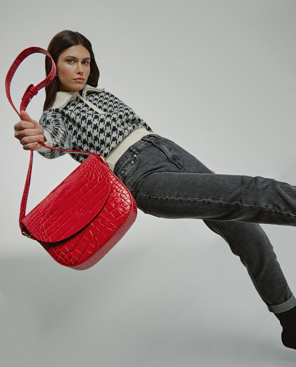 Leandra Red Coconut Embossed Leather Flap Crossbody Bag