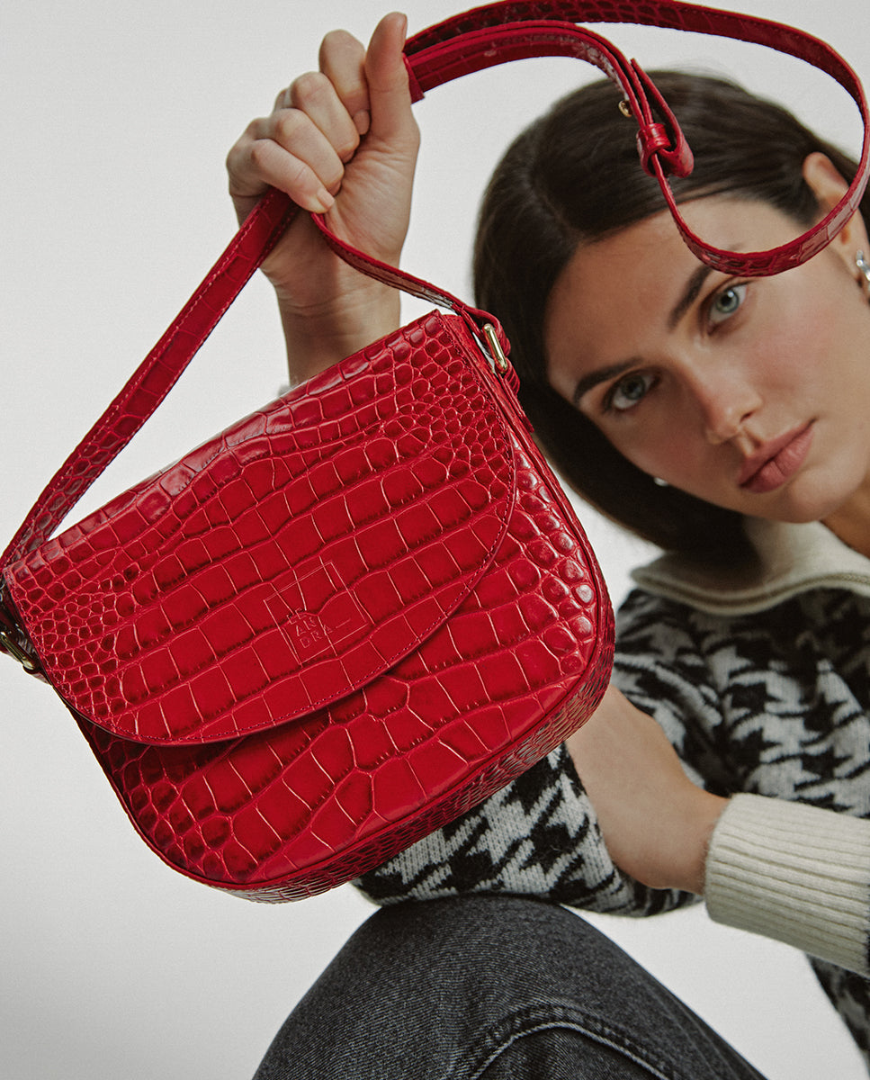 Leandra Red Coconut Embossed Leather Flap Crossbody Bag