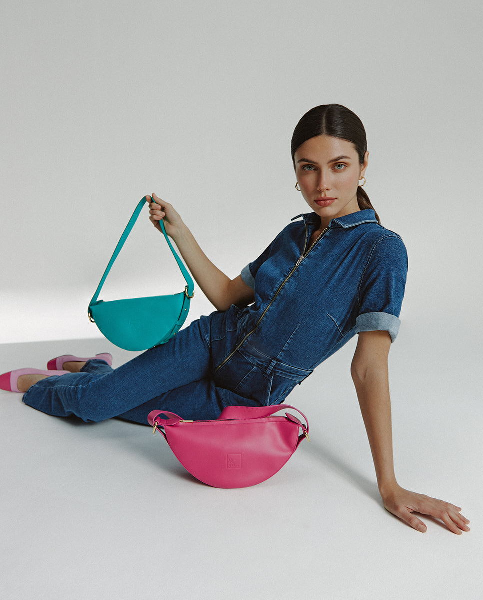 Fuchsia multi-position half-moon crossbody bag