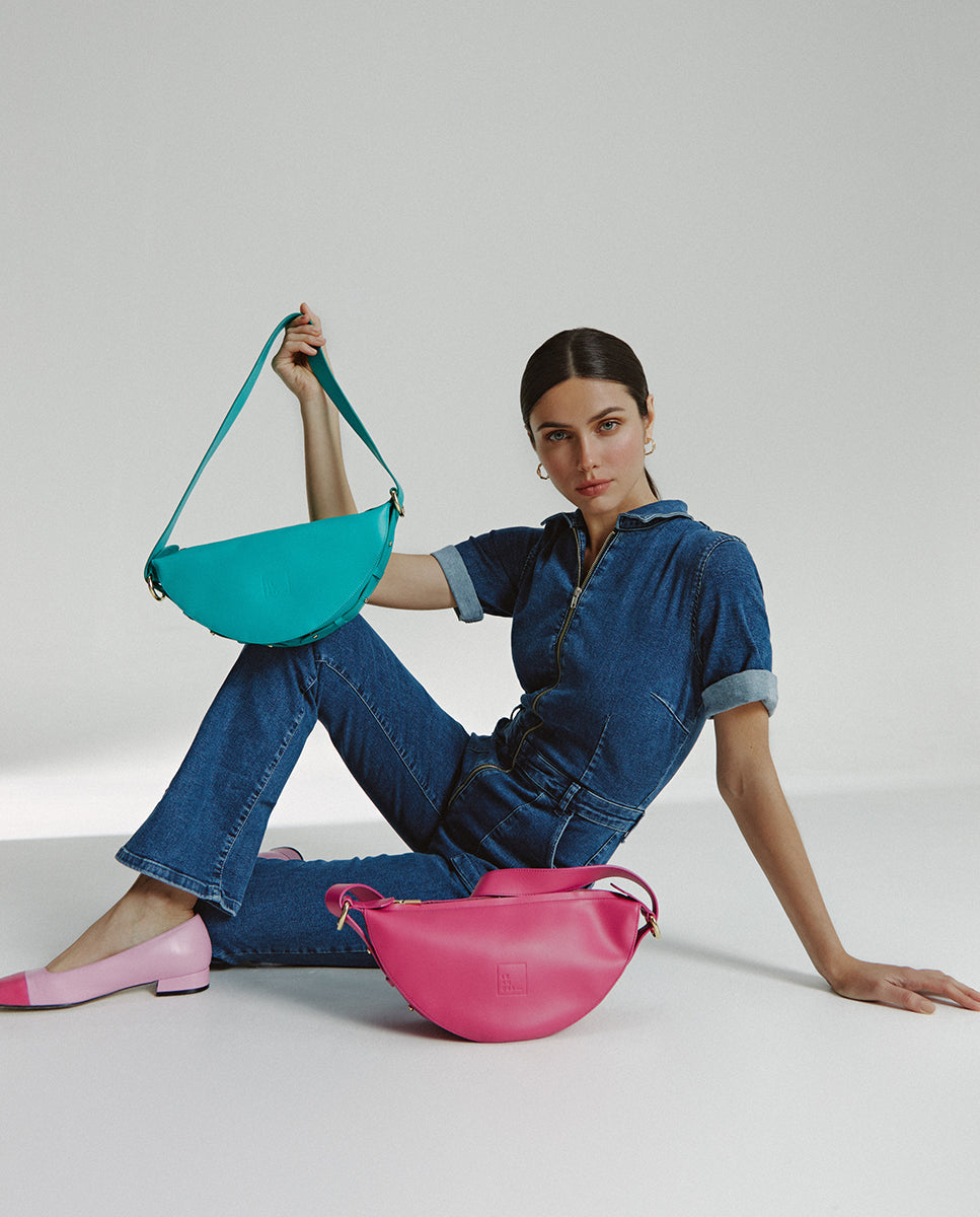 Fuchsia multi-position half-moon crossbody bag