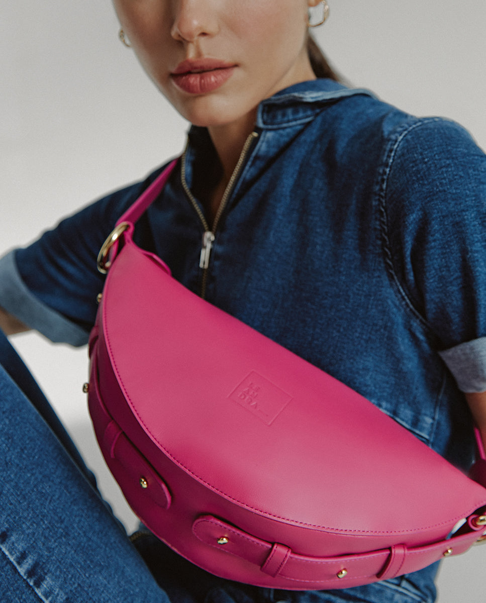 Fuchsia multi-position half-moon crossbody bag