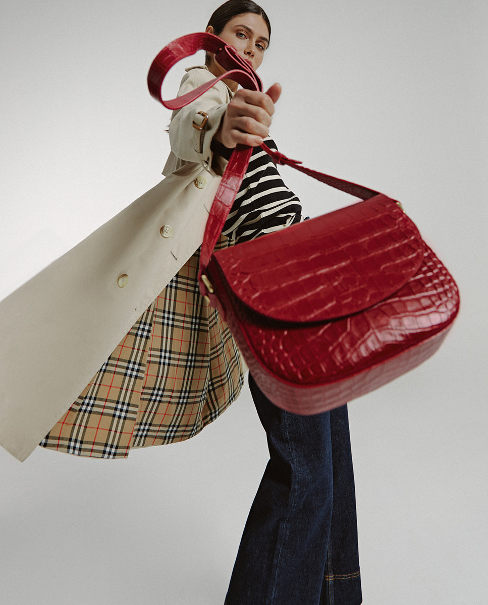 Soft red coconut engraved leather flap shoulder bag