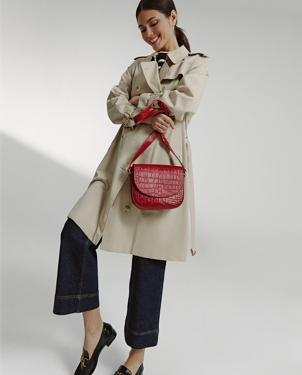 Soft red coconut engraved leather flap shoulder bag